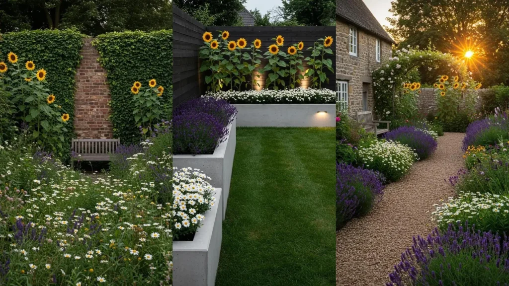 Hermosos jardines florales con senderos, repletos de margaritas, girasoles y lavanda bajo el sol.