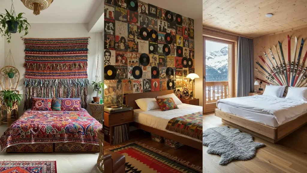Tres cabeceras de dormitorio hechas creativamente con materiales reciclados: textiles, discos de vinilo y esquís viejos.