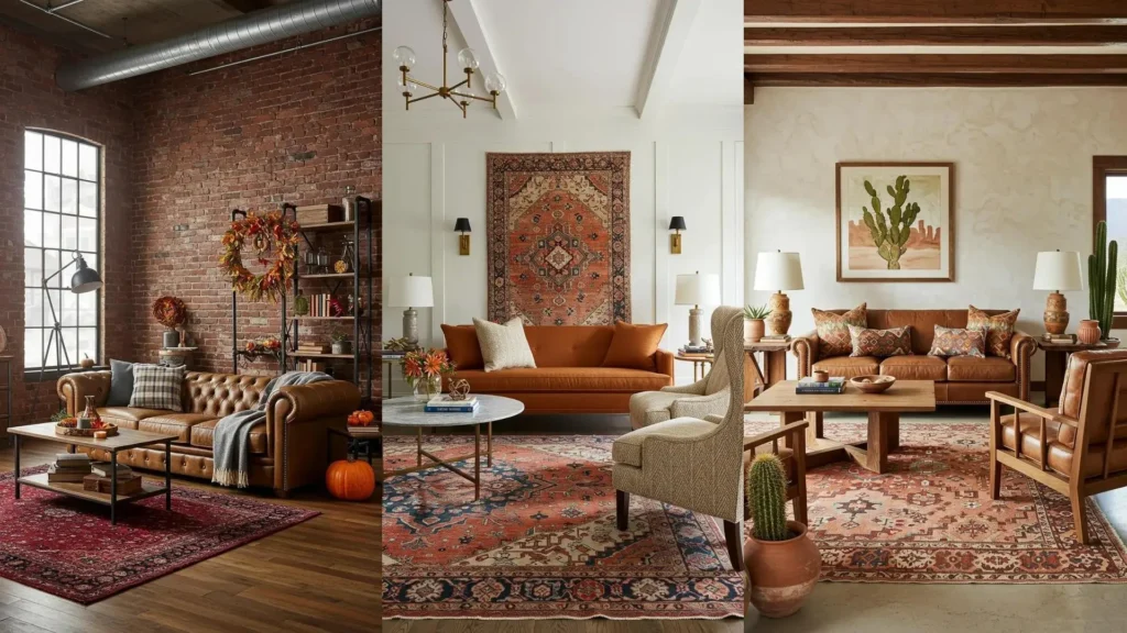 Tres salas de estar con decoración otoñal, sofás de cuero y alfombras, creando una atmósfera cálida y acogedora.