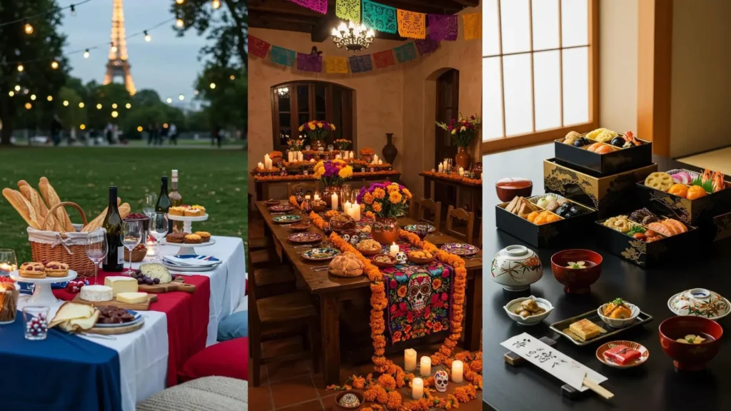 Mesas festivas con comida típica y vajilla decorada: picnic francés, ofrenda mexicana y cena japonesa.