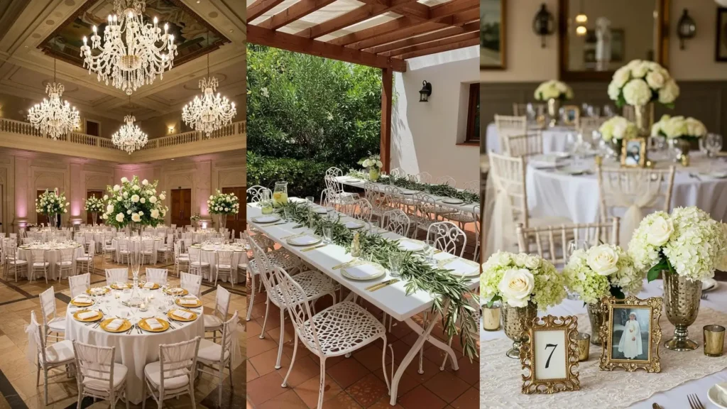 Varias mesas de comunión decoradas con manteles blancos, elegantes detalles dorados y flores en un ambiente festivo.