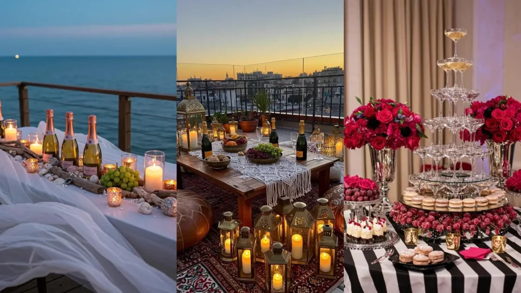 Varias mesas festivas con uvas, botellas de cava, velas y detalles brillantes. Inspiración para decoración elegante.