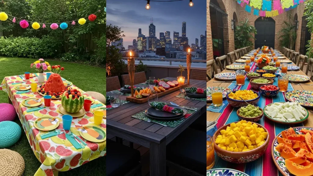 Tres mesas de verano decoradas con frutas frescas, vajilla tropical colorida y adornos festivos para fiestas.