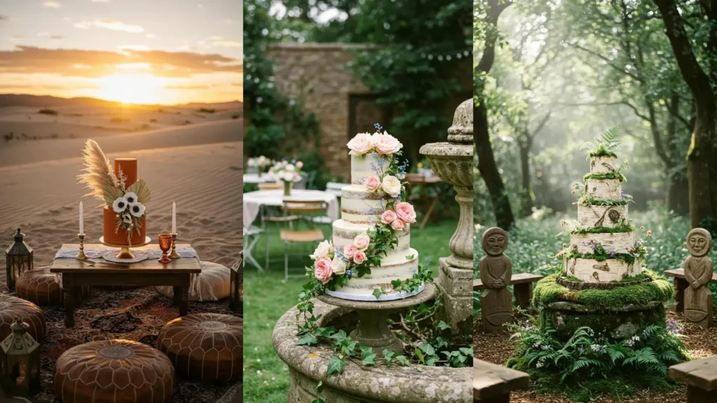 Pasteles de boda rústicos y elegantes con flores naturales en entornos al aire libre: desierto, jardín y bosque.