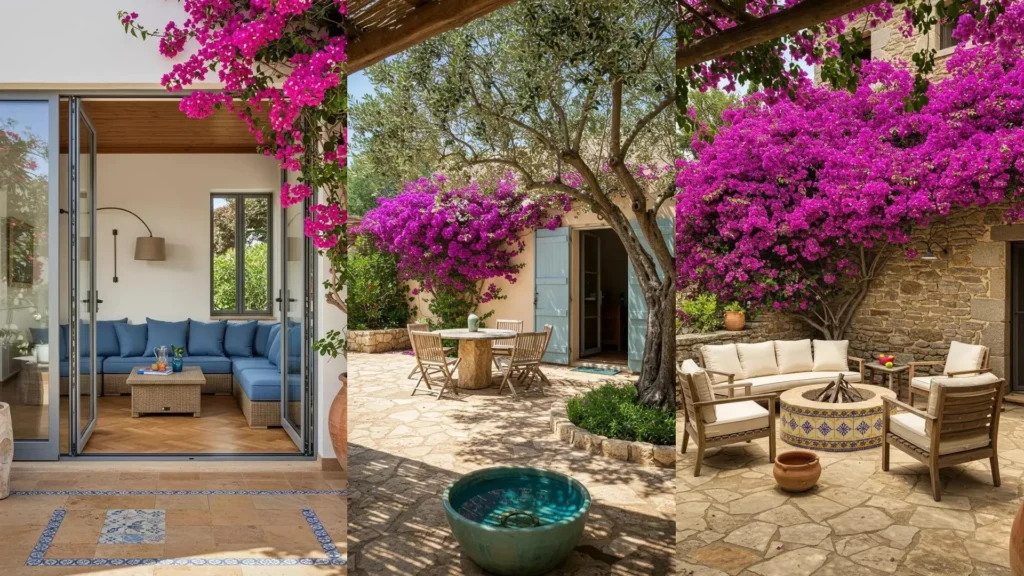 Patios mediterráneos con buganvillas en flor, cerámica azul en el suelo y hoguera. Ideas de decoración exterior.