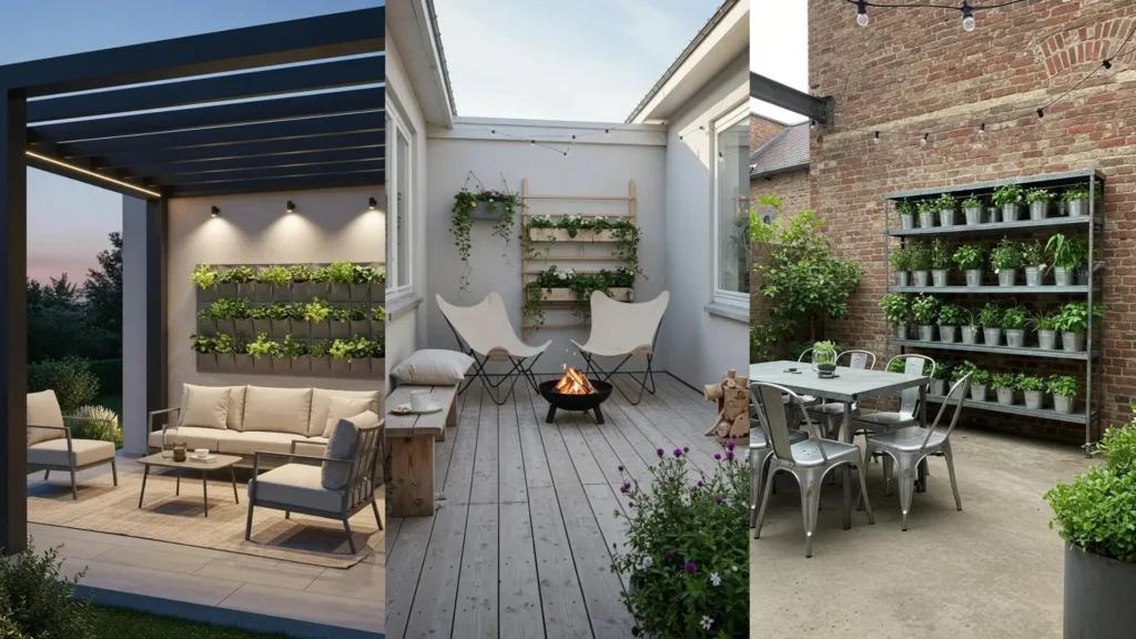 Variedad de patios minimalistas con jardineras verticales, mobiliario moderno y líneas limpias.