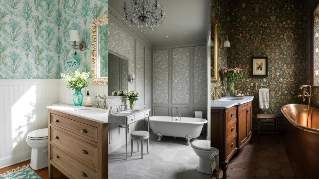 Tres elegantes baños con papel tapiz botánico que crean un efecto 'wow', mostrando diferentes estilos y colores de diseño.
