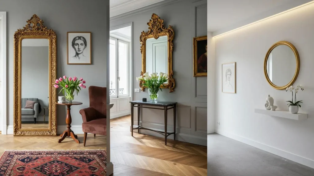Recibidores vintage con espejos dorados, floreros y arte clásico para decorar entradas con estilo.