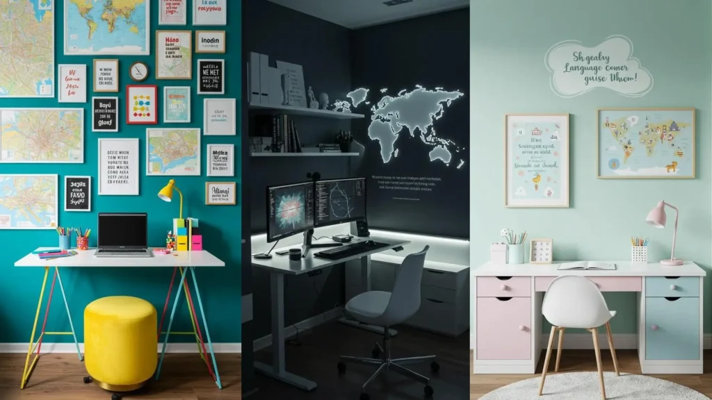 Rincones de estudio modernos y creativos para aprender idiomas, decorados con mapas y frases inspiradoras.