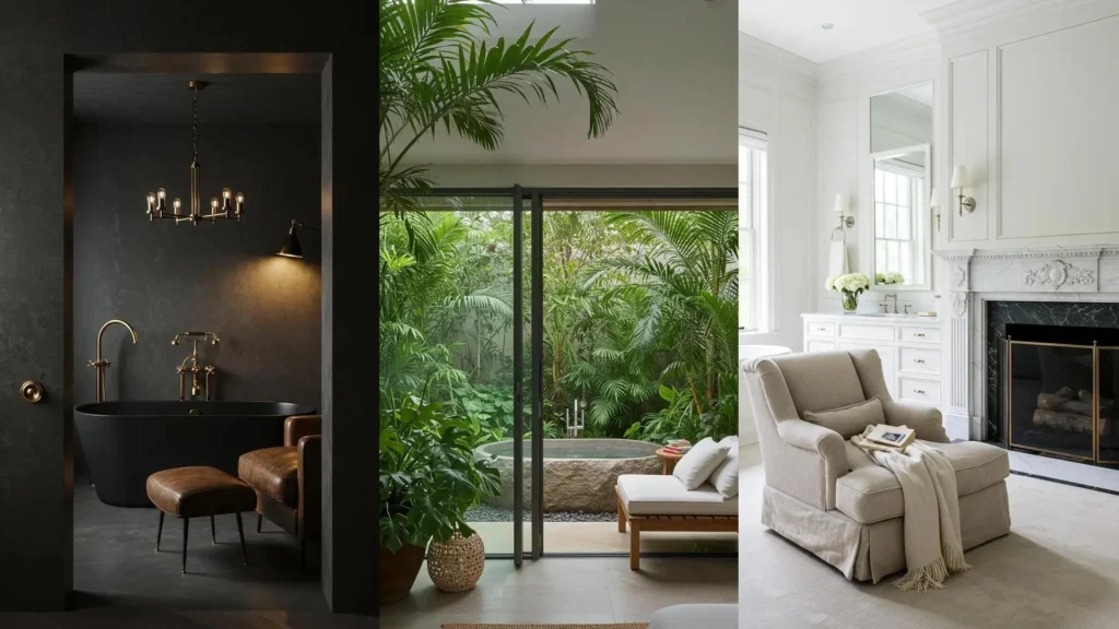 Ideas de baño spa: un rincón de lectura con sillones cómodos, plantas exuberantes y bañeras de diseño para relajarse.
