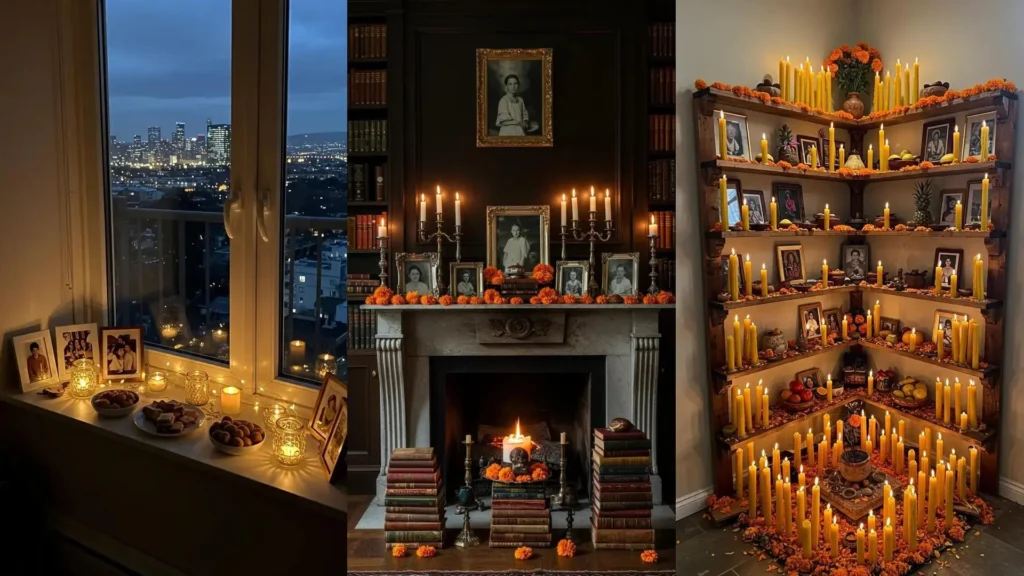Ambiente cálido con velas aromáticas, fotos familiares en marcos y flores de cempasúchil, ideal para altares festivos.