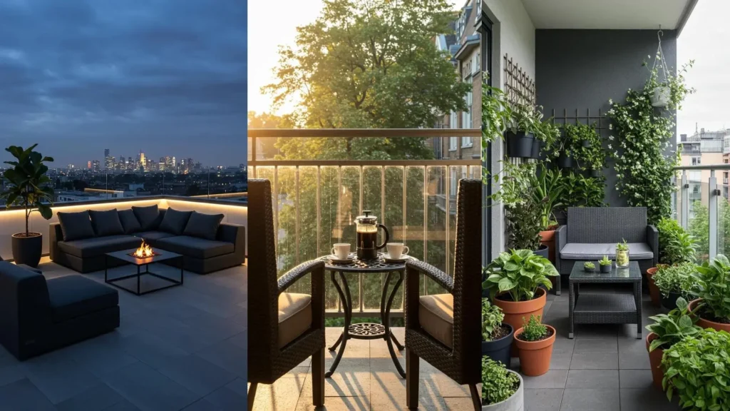 Balcones modernos con muebles oscuros y vidrio templado, incluyendo terraza urbana nocturna, rincón de café y un oasis verde.