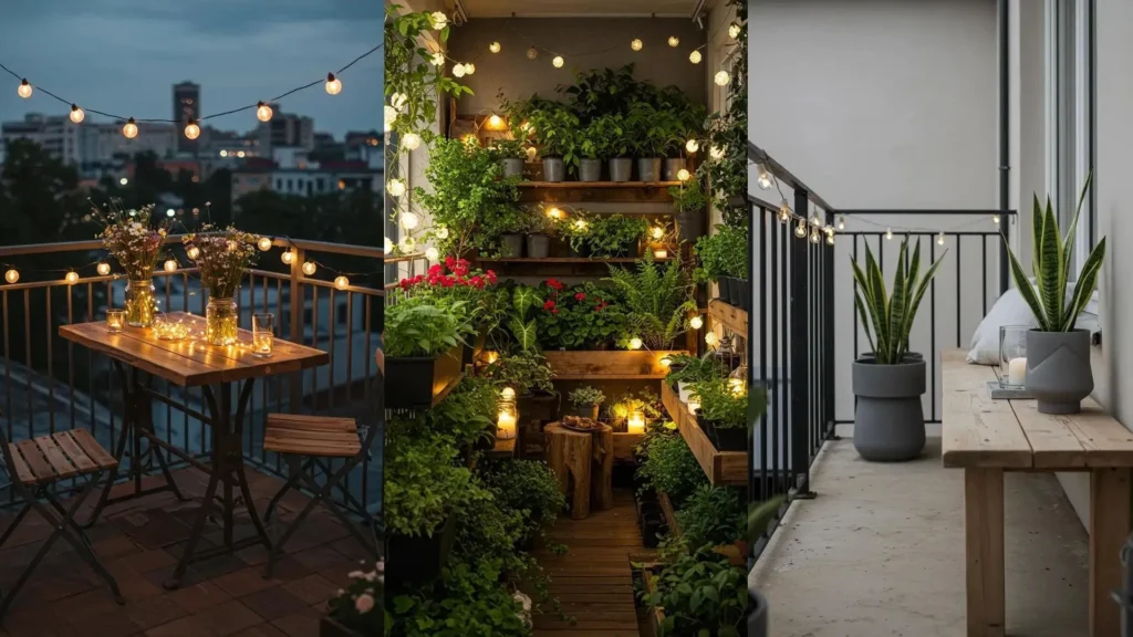 Balcones rústicos con muebles de madera reciclada, plantas y guirnaldas de luces colgantes.