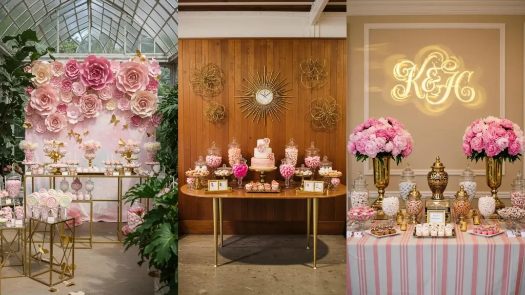 Elegantes candy bars para bodas con dulces en tonos rosa y dorado, arreglos florales y decoración chic.