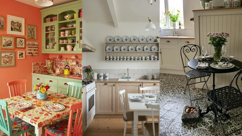 Cocinas cottage encantadoras con vajilla floral exhibida y mesas puestas con toques románticos para el hogar.