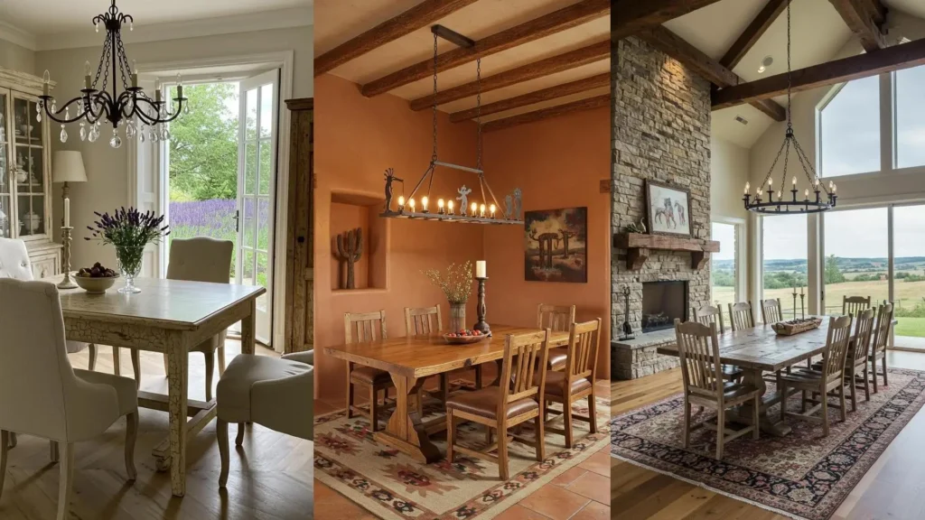 Comedores rústicos con mesas de madera envejecida y lámparas colgantes de hierro forjado. Ideas de decoración acogedoras.