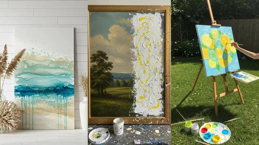 Ideas DIY de cuadros con pintura de salpicaduras estilo Jackson Pollock, incluyendo un paisaje intervenido y obras abstractas.