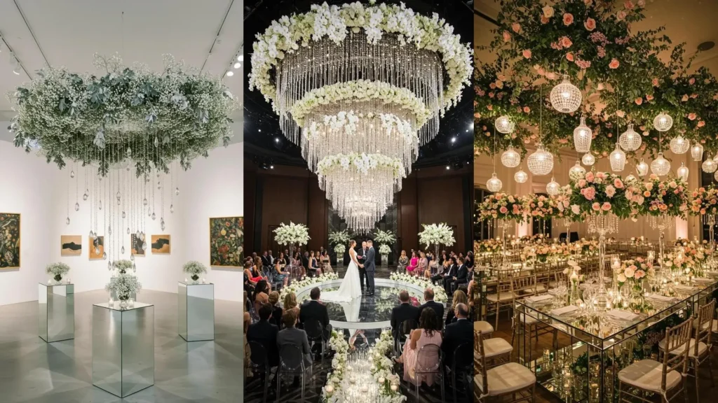 Decoraciones de boda glam con grandes candelabros de cristal, mesas con espejos y arreglos florales colgantes.