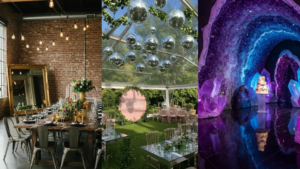 Varias decoraciones glamurosas para cumpleaños con espejos, bolas de discoteca y cristales brillantes.