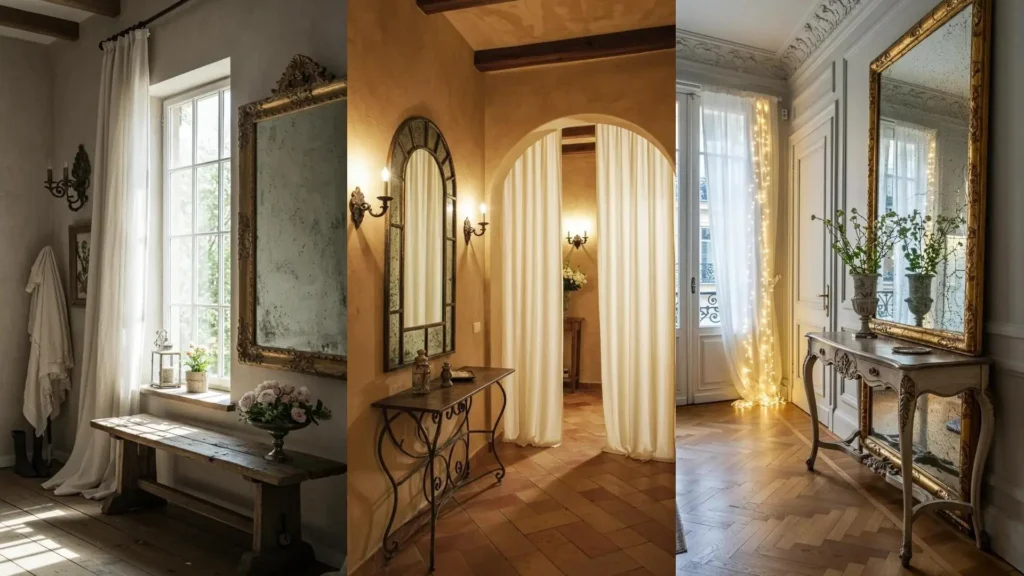Entradas románticas con luces suaves, cortinas de tul y espejos con marcos envejecidos para un ambiente acogedor.