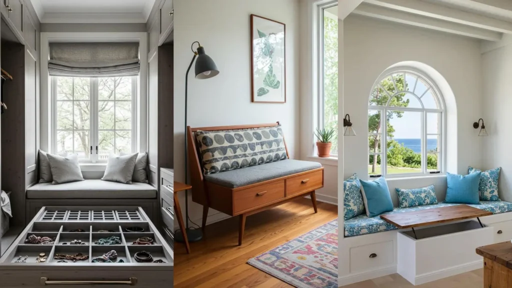 Tres ideas de bricolaje para asientos de ventana con cojines y cajones de almacenamiento ocultos para espacios pequeños.