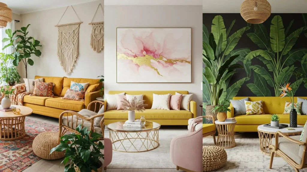 Sofás mostaza en 3 salas de estar modernas, combinando estilos boho, chic y tropical para una decoración vibrante.