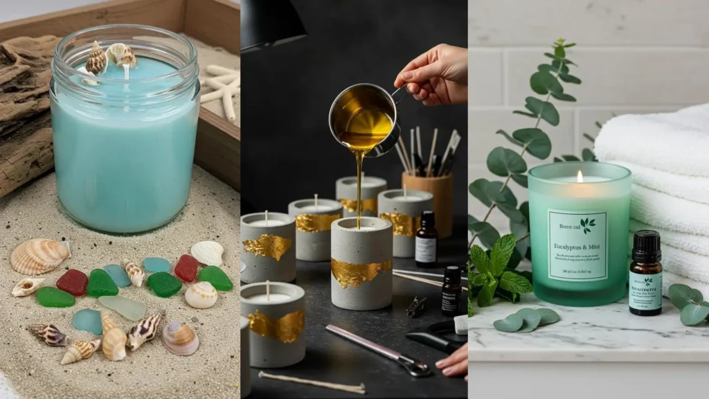 Manos vertiendo cera de soya líquida en recipientes para crear velas aromáticas con aceites esenciales, junto a velas terminadas.