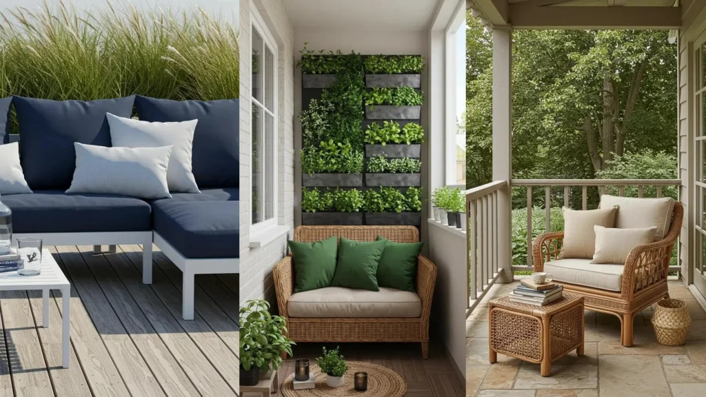 Decoración de jardines acogedores con cojines mullidos y texturas de lino en sofás y sillones de exterior.