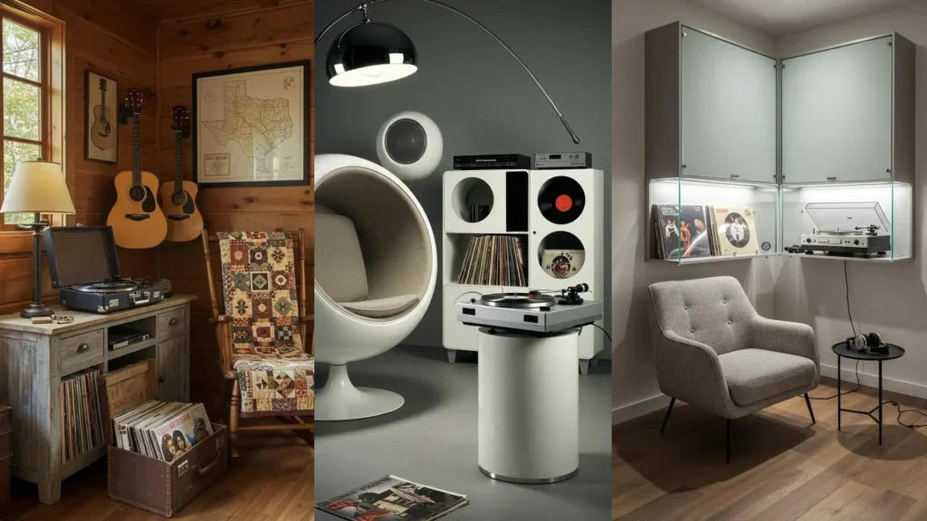 Inspiración para decorar tu rincón de música con estilo retro y vinilos: tocadiscos y discos.