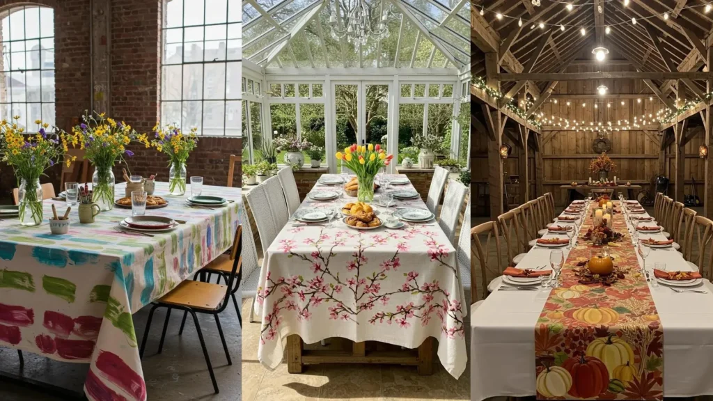 Variedad de manteles pintados a mano y decoraciones con colores estacionales para mesas de fiesta.