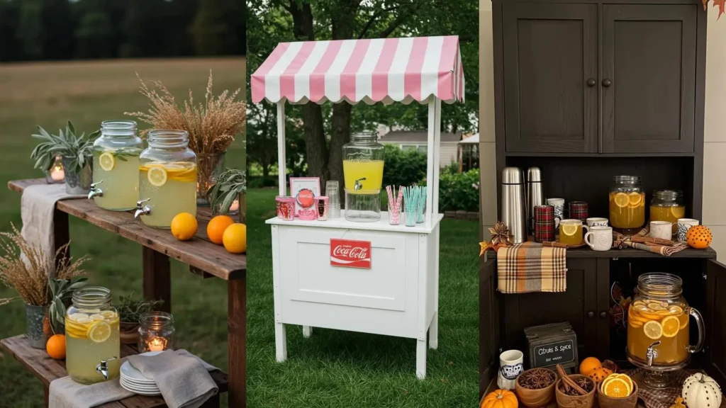 Tres mesas de bebidas para fiestas, con limonada fresca, limones, naranjas y otros detalles cítricos.