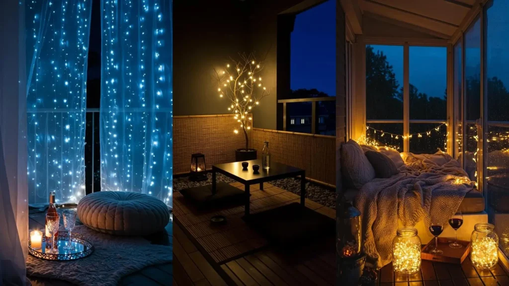 Balcones románticos de noche con guirnaldas de luces, copas de vino y mantas para citas al aire libre.
