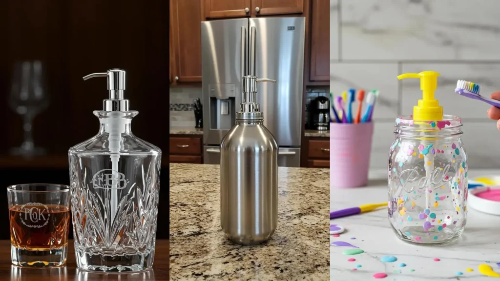 Frascos convertidos en dispensadores de jabón caseros: elegante vidrio, acero moderno y un mason jar DIY divertido.