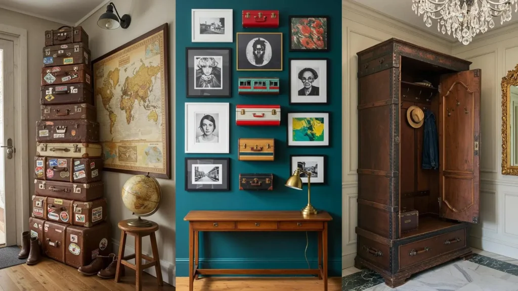 Entrada de bienvenida con estilo: maletas antiguas apiladas y baúles reciclados para decoración DIY.