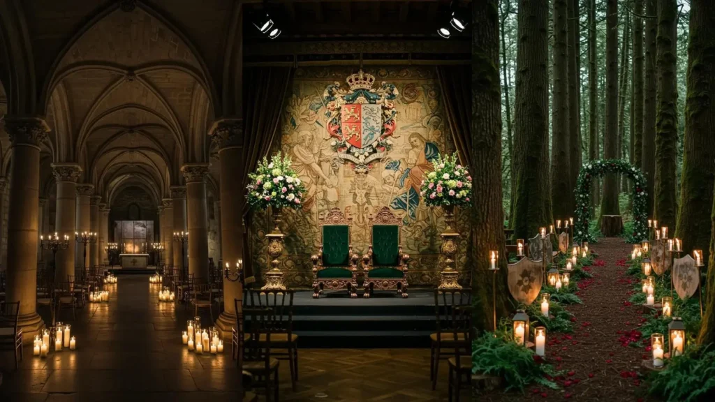 Bodas estilo medieval con candelabros rústicos, escudos decorativos y senderos iluminados, ideal para un evento mágico.