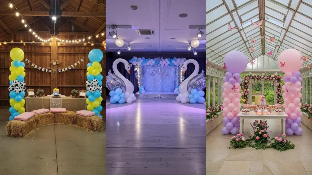 Columnas de globos en tonos pastel rosa y lila para decoración de cumpleaños infantiles, con mariposas y mesa de dulces.