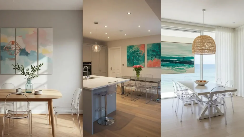 Comedores modernos con cuadros abstractos coloridos y sillas transparentes elegantes. Ideas de diseño interior.