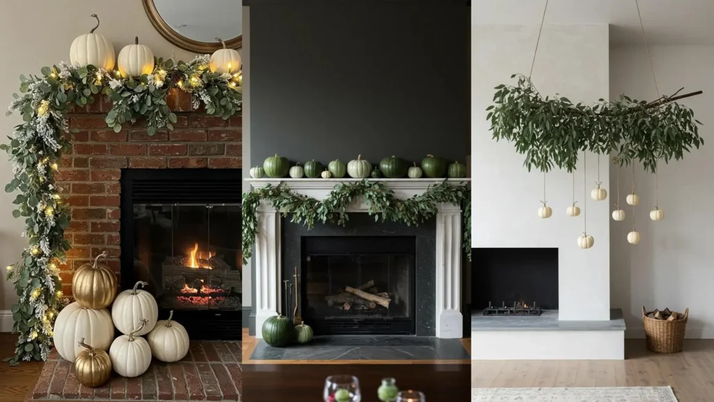 Decoraciones de chimenea elegantes con calabazas blancas y verdes, guirnaldas de eucalipto frescas y luces.