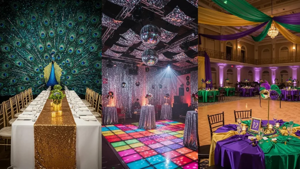 Ideas para disfraces DIY: escenas festivas con lentejuelas, telas brillantes, máscaras de carnaval y decoración de discoteca.