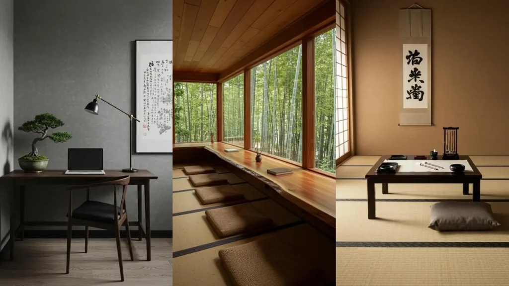 Tres estudios wabi-sabi para creativos con decoración japonesa, incluyendo bonsáis y vistas a bosques de bambú.
