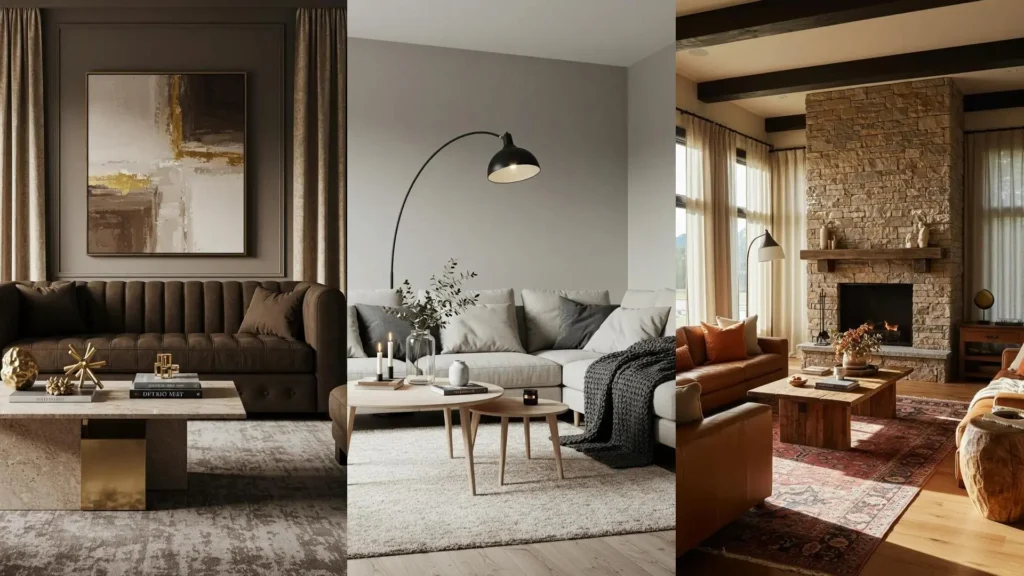 Diseños de sala con tonos tierra: sofás, chimenea y decoración que brindan calidez y confort.