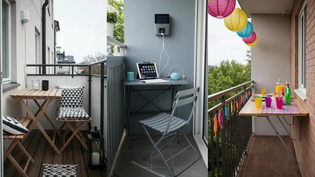 Muebles plegables transforman balcones pequeños: mesa de madera, escritorio con tablet y fiesta vibrante en la terraza.