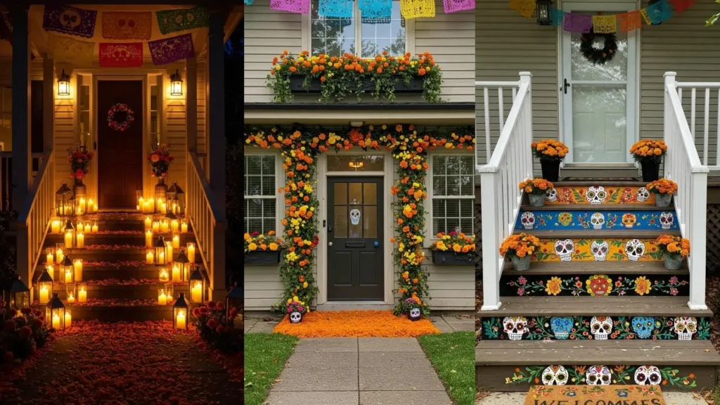 Porches decorados para el Día de Muertos con papel picado colorido, abundantes flores de cempasúchil y calaveras.