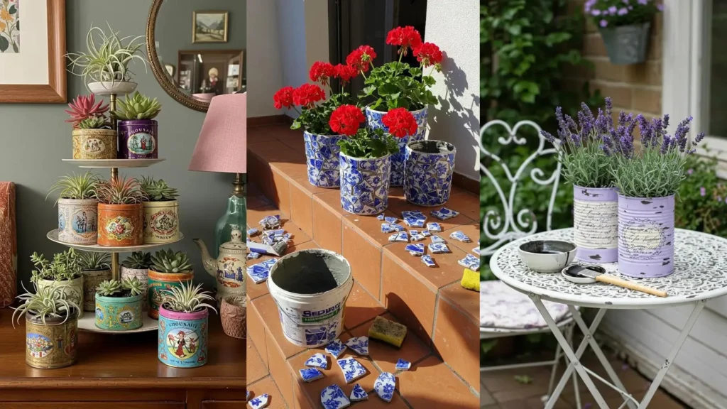 Latas metálicas reutilizadas como macetas creativas decoradas con plantas, mostrando ideas de bricolaje para el hogar y jardín.
