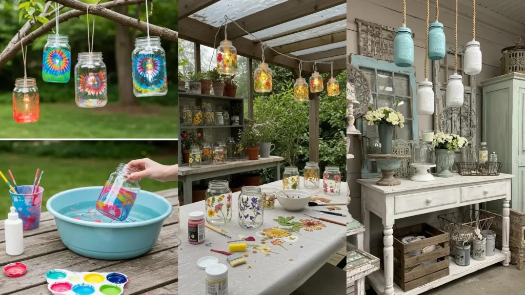 Creativas lámparas colgantes coloridas hechas con frascos Mason, decorando ambientes interiores y exteriores con luz.