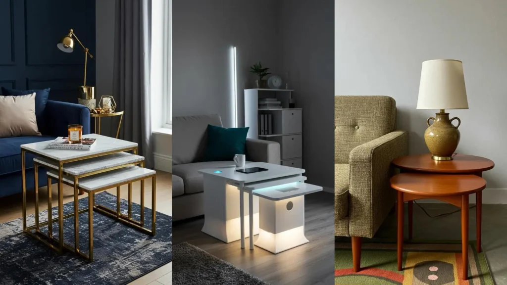 Mesas nido modernas y elegantes en tres salas compactas, ofreciendo soluciones multifuncionales para espacios pequeños.