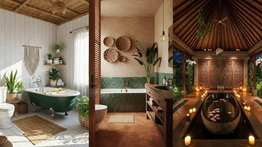 Baños tropicales con hojas, madera y bañeras de agua para una decoración relajante.