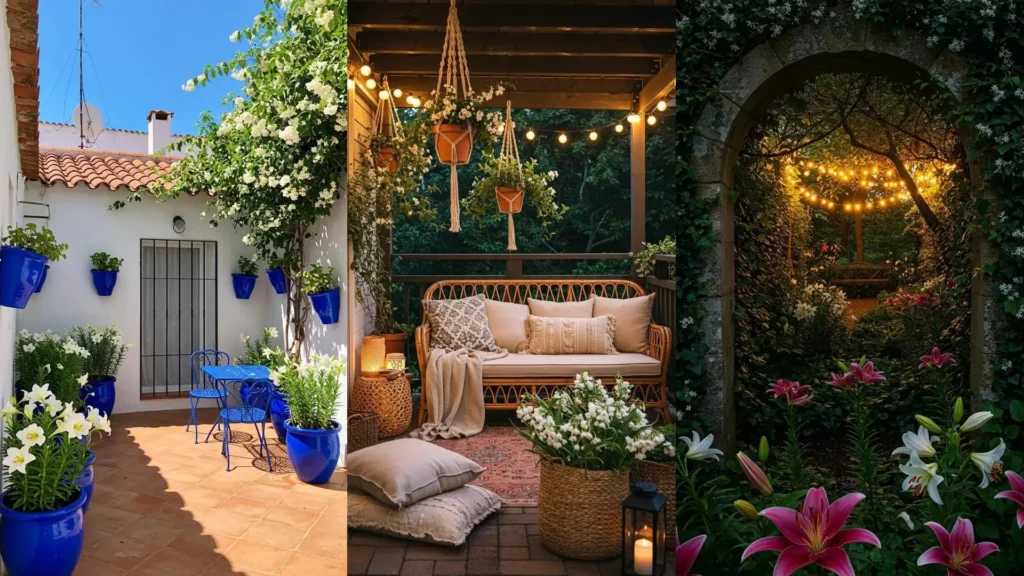 Jardines florales con lirios blancos y rosados, jazmines trepadores y decoración exterior para un ambiente fresco.