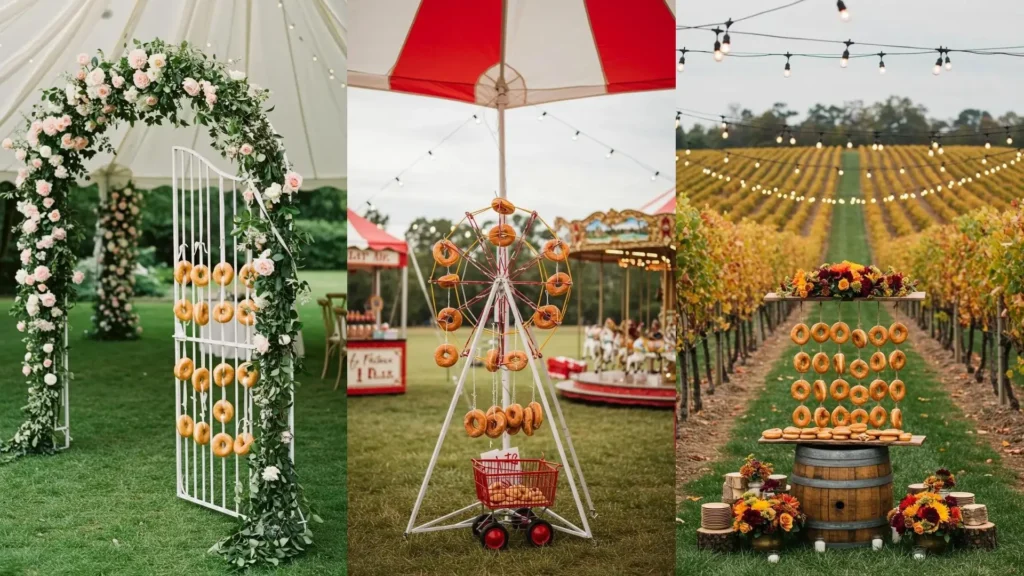 Inspiración para bodas: donuts colgantes creativos en arcos florales, norias y viñedos para un toque divertido.