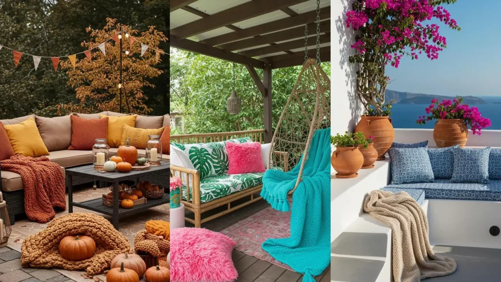 Patios acogedores decorados con mantas tejidas a mano y cojines mullidos, ideal para relajarse al aire libre.